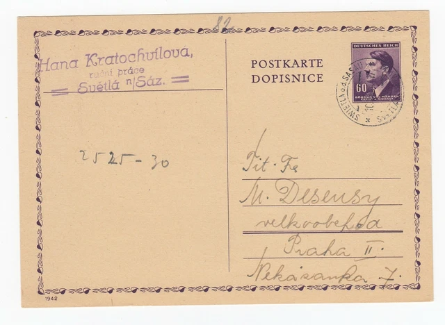 Böhmen & Mähren Postkarte Swietla ob der Sasau Světlá nad Sázavou nach Prag 1944