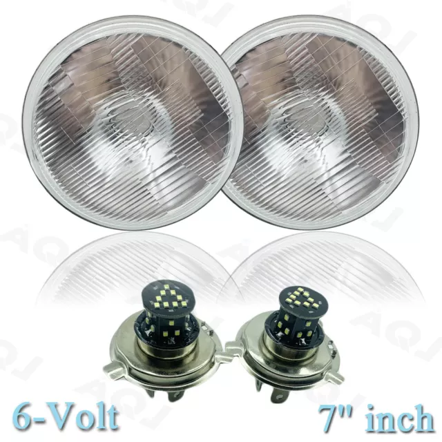 7" LED 6V Headlight Diamond Cut Crystal Clear Headlamp Bulbs H4 6 Volt Pair