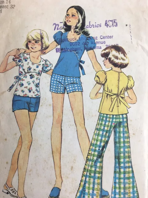 1974 Simplicity 6370 VTG Sewing Pattern Girls Bell-bottom Pants Shorts Size 14