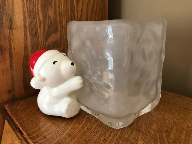 Teleflora Polar Bear Frosted Glass Vase / Candy Dish / Planter- 4.5 in H x 5.5 W