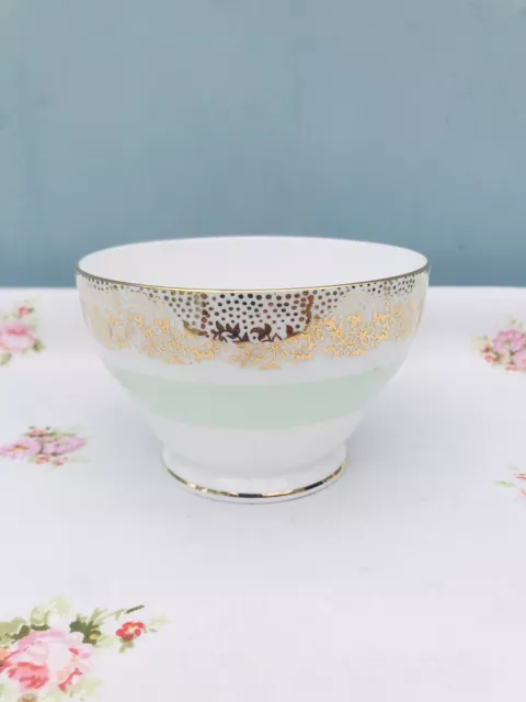 Vintage Windsor Bone China Sugar Bowl Pale Green Band With Gilded Filigree Trim