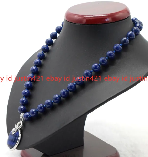 Natural 10mm Blue Lapis Lazuli Round Gemstone Beads Pendant Necklace 18" AAA 2