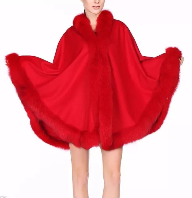 Red Cashmere Cape Wrap Shawl with Fox Fur Trim