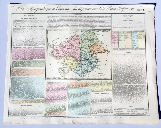 Dépt 44- Rare Carte Géographique & Statistique Loire Atlantique Aquarellée 1826