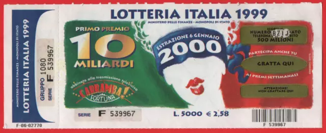 Biglietto Lotteria Italia Capodanno Anno 1999 Non Comune Con Matrice Collezione