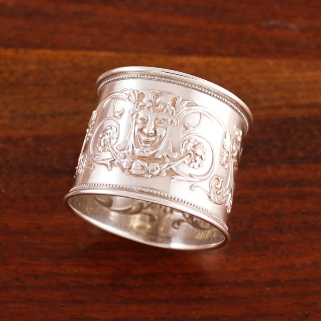 Ornate Sterling Silver Napkin Ring Devilish Mask Floral Foliate Mono E Kennedy