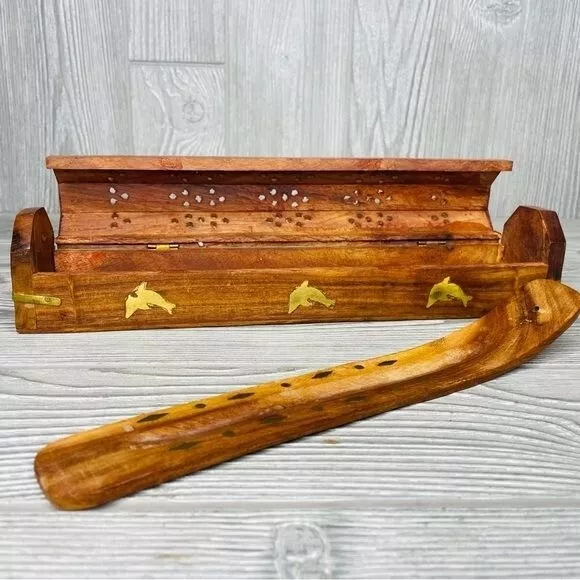 Incense Stick Holder Coffin Style Wood Burner brass dolphin Inlays Handmade