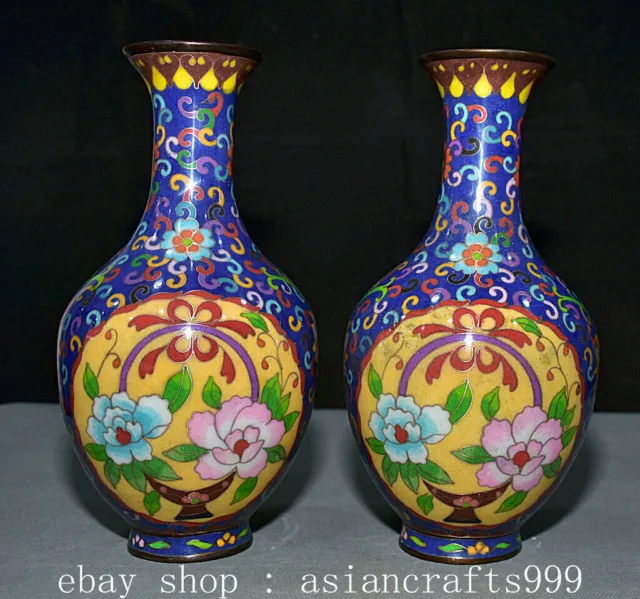 10" Old Chinese Qianlong Marked Cloisonne Enamel Bronze Flower Vase Bottle Pair