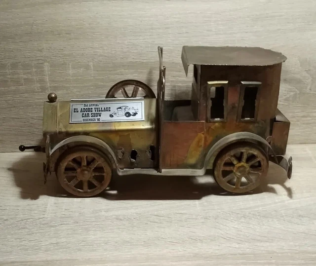 VINTAGE COPPER TIN Metal Brass Wind Up Car Music Box, Made in Hong Kong