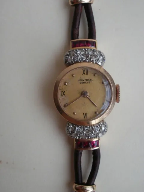 Universal Geneve ladies gold 18 K with Diamond Ruby art deco vintage wrist watch