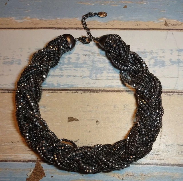 Charming Charlie Necklace Silver Beaded braided multi strand metallic 16"