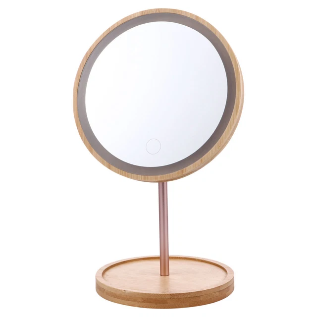 Espejo de lavabo de maquillaje iluminado, espejo de escritorio de madera portátil, 90 grados
