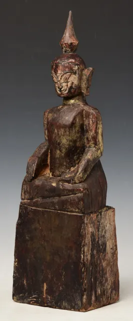 18th Century, Shan, Antique Tai Lue Burmese Wooden Seated Buddha 6
