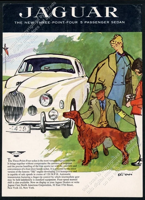 1958 Jaguar car sedan Irish Setter Rene Bouche art vintage print ad