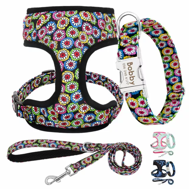 3pcs/set Personalised Dog Collar & Harness & Leash Lead Nylon Floral Flower Vest