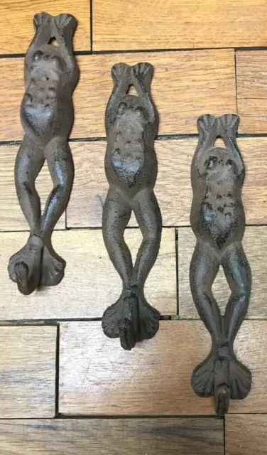 set of 3 Frog Toad Coat Hooks Wall Key 7-1/2 rustic Pond iron hanger Garden Deck