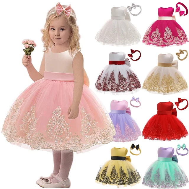 Baby Girl Pageant Lace Dress Toddler Party Bowknot Tutu Gown Dress With Headwear