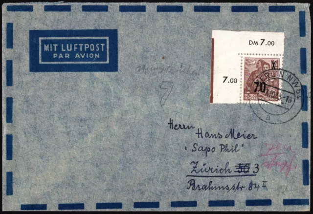 1955, 7.10., LUPO-Brief mit EF 70 auf 84 Pf. von Berlin nach Zürich, MiNr. 442