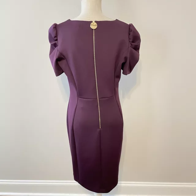 Calvin Klein Dress Size 6 Purple Neoprene Scuba Stretch Sheath Puffed Sleeve 3