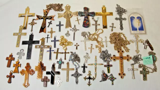 53pc Religious Cross Medal & Jewelry Lot Rhinestone Jade MOP Agate Wood Stanhope