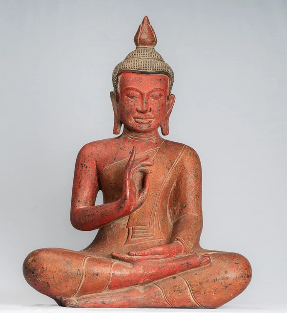 Antique Khmer Style Seated Wood Buddha Statue Teaching Mudra - 80cm/32"