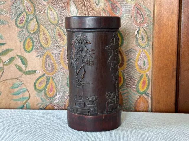 Antique Chinese Bamboo Bitong Brush Pot - Botanical Design