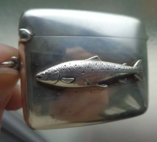 Rare Stg. Silver Fish Vesta Match Safe SALMON or TROUT h/m 1928 Birmingham