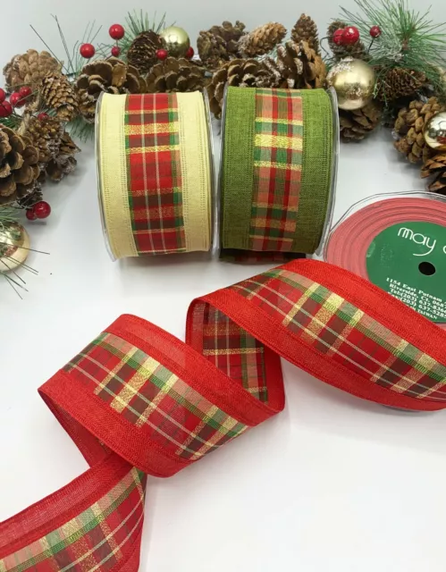 2.5" wired Christmas tartan ribbon red green gold Bow Wreath Garland Tree Cake