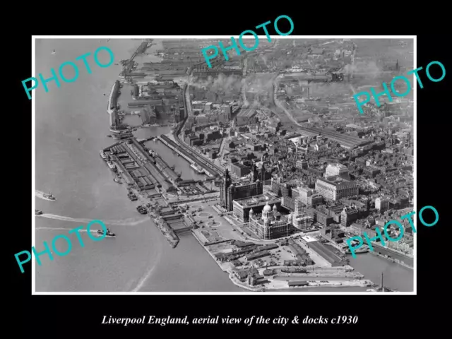 OLD POSTCARD SIZE PHOTO OF LIVERPOOL ENGLAND AERIAL VIEW OF CITY & DOCKS c1930
