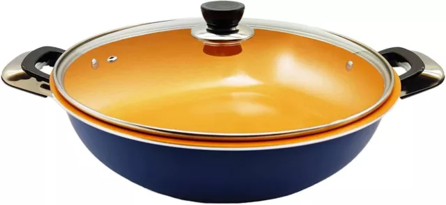 Homatz Wok Pan with Glass Lid & Silicon Pad | 32cm Stir Fry Pan Non Stick