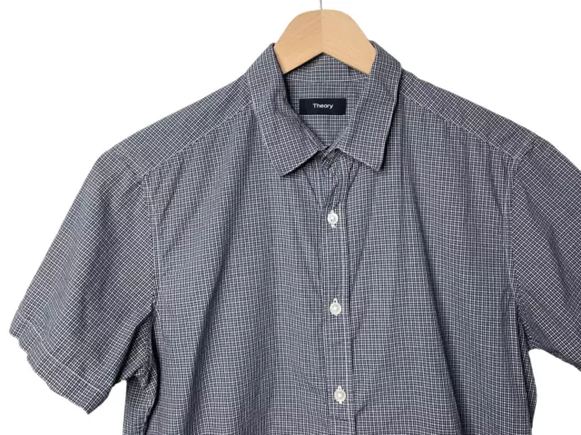 THEORY Shirt Zack Mini Gingham Check Navy Men's Button Down Short Sleeve Small 3