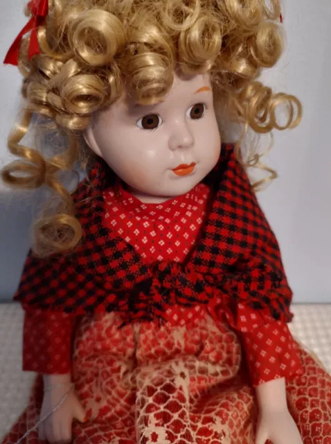 Vintage Heritage Mint Porcelain Doll 16" Sitting Red Dress Plaid Shaw 1989