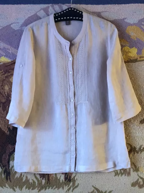 Tommy Bahama Sz S Women's 100% Linen Tunic Shirt 3/4 Roll Tab Sleeve Tan