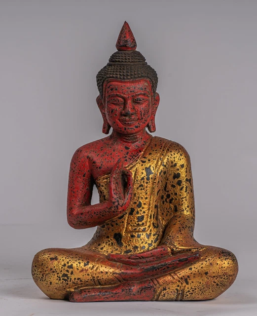 Antique Khmer Style Cambodia Seated Wood Buddha Statue Teaching Mudra - 26cm/10"