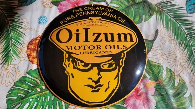 Plaque émaillée Bombée Ancienne OILZUM MOTOR OILS - Déco Métal Publicitaire