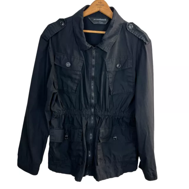 Norma Kamali Jacket Womens Large Black Utility Full Zip Cargo Pocket 100% Cotton