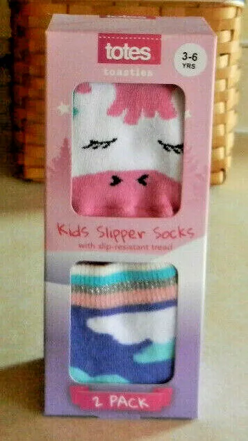 Totes Toasties Kids Slipper Socks 2 Pack Rainbows Unicorns Size 3-6 years Girls
