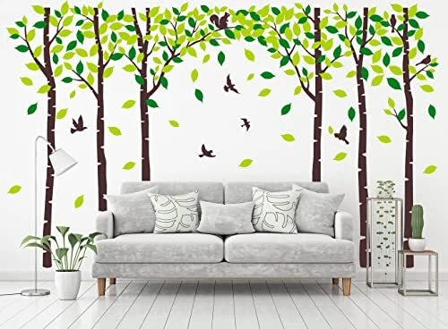 Six Birch Tree Wall Decals Birds Cute Squirrel Forest Wall Stickers Brown,green