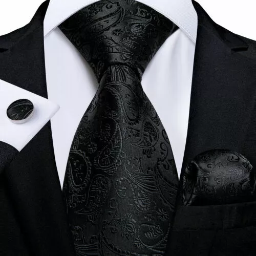 Italian Designer Black PAISLEY SILK TIE HANKY & CUFFLINKS