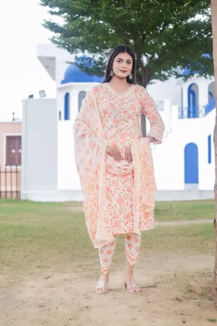 Indian Women Cotton Pink Printed Straight kurta and Dhoti Pant With Dupatta Set