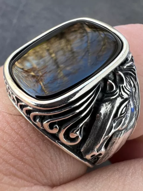 Mens Real 925 Sterling Silver Natural Black Onyx Gemstone W. Horse Design Ring