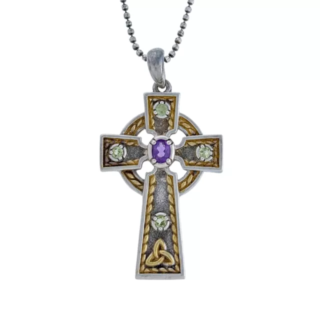 Irish Sterling Silver Gold Plate Amethyst Peridot Celtic Cross Necklace 17.5"