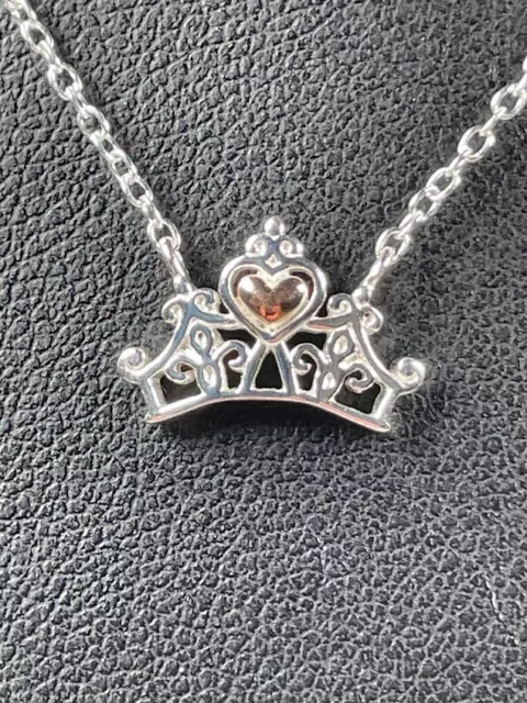 Disney Princess 925 Sterling Silver Tiara Rose Gold Heart Necklace 16-18" 3835