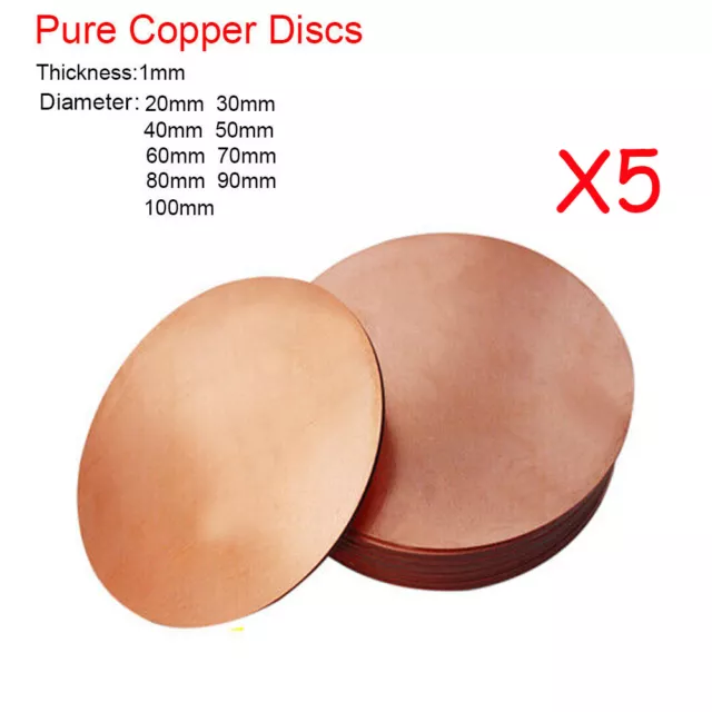 5X Solid Pure Copper Discs Blanks Round Plate Metal Sheet 1mm Thick 20-100mm OD