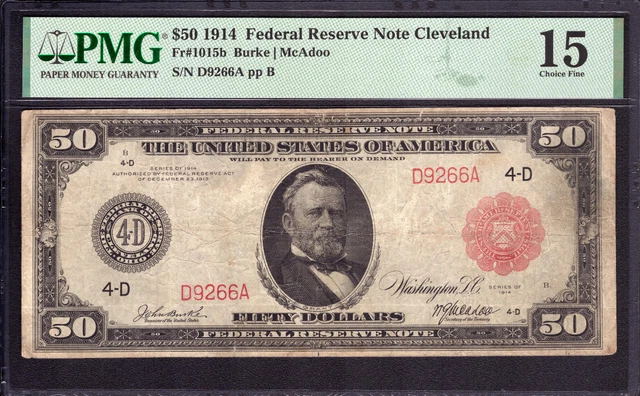 1914 $50 FEDERAL RESERVE NOTE RED SEAL CLEVELAND FR.1015b PMG CHOICE FINE F 15