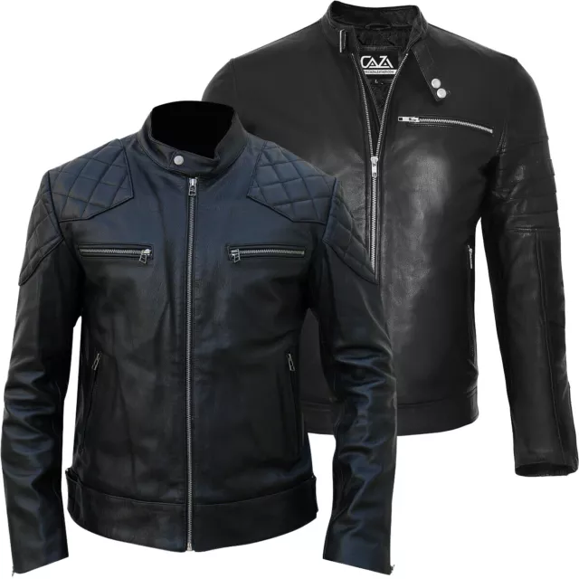 Mens Black David Beckham Real Leather Biker Jacket Vintage Cafe Racer Slim Fit