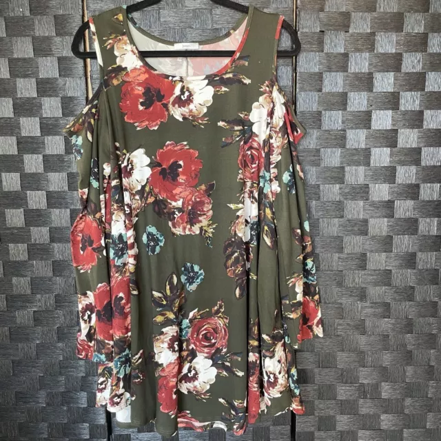 JODIFL Womens Floral Tunic Dress Large Boho Cold Shoulder Bohemian Roses