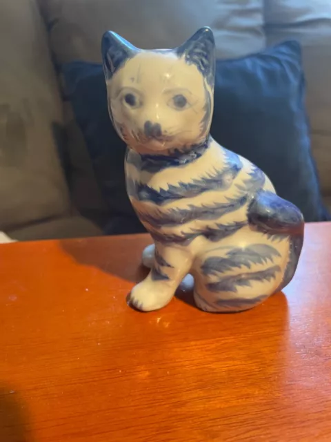 Vintage Blue & White Striped Cat, Kitten. Delf Pottery Style 4”.