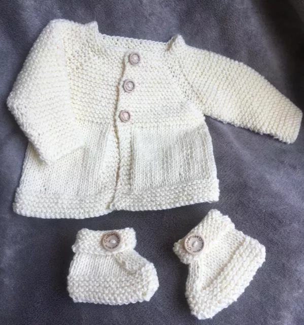 Ensemble bottes manteau bébé matin tricotées à la main - nouveau-né ou nouveau-né - bébé 100 % coton