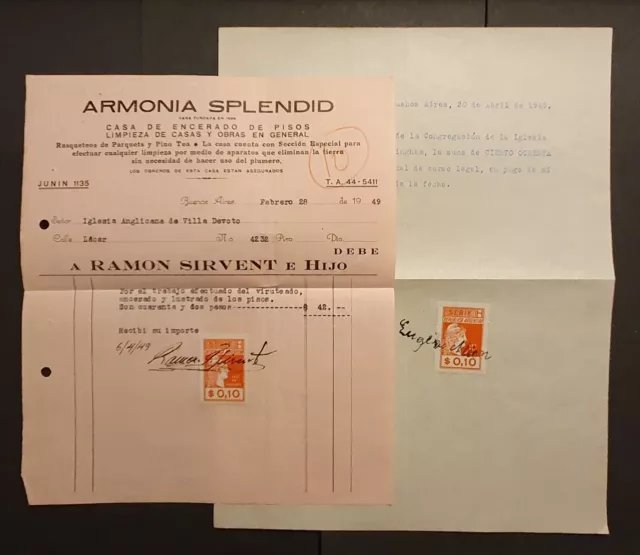 Vintage Argentina Ley de Sellos Revenue stamps on import receipts cancelled 1949